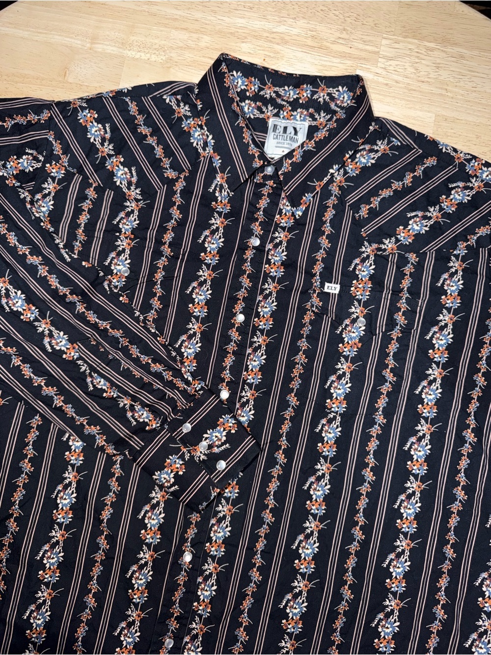 Ely Cattleman Black Floral Stripe Western Pearl Snap Long Sleeve Shirt Mens 2XL